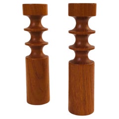 Pair of Mid Century Turned Teak Candle Holders