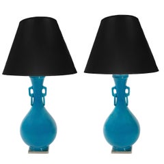 Pair of Mid-Century Turquoise Asian Crackled Ceramic Lamps