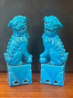 Pair of Mid-Century Turquoise Blue Ceramic Foo Dog Sculptures