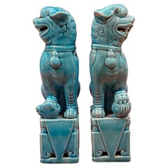 Pair of Mid-Century Turquoise Blue Ceramic Foo Dog Sculptures