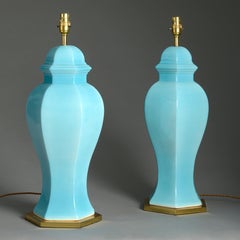 Pair of Midcentury Turquoise Glazed Vase Lamps
