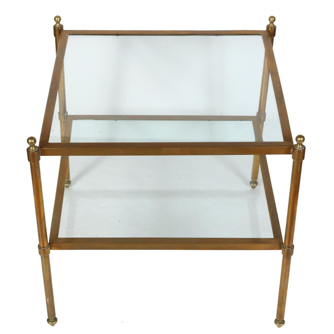 Regency Pair of Mid Century Two Tier Brass and Glass Square Side Tables For Sale
