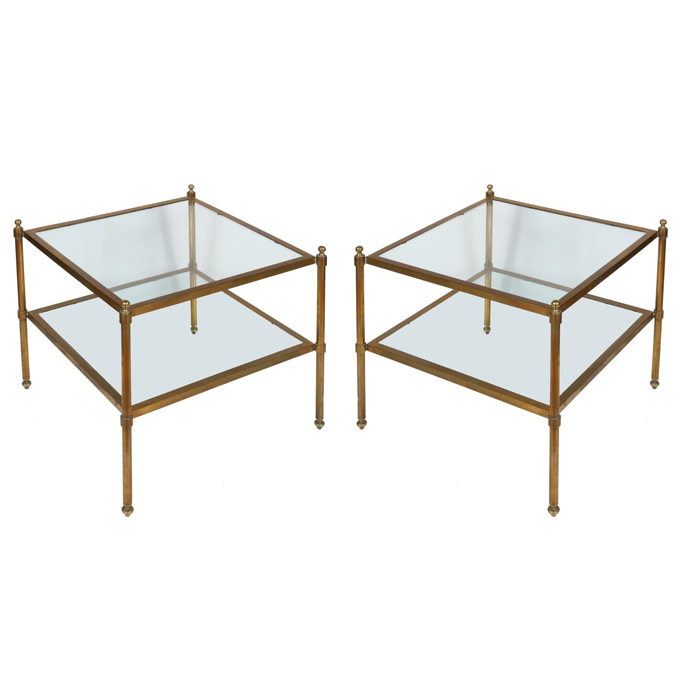 Pair of Mid Century Two Tier Brass and Glass Square Side Tables In Good Condition For Sale In Locust Valley, NY