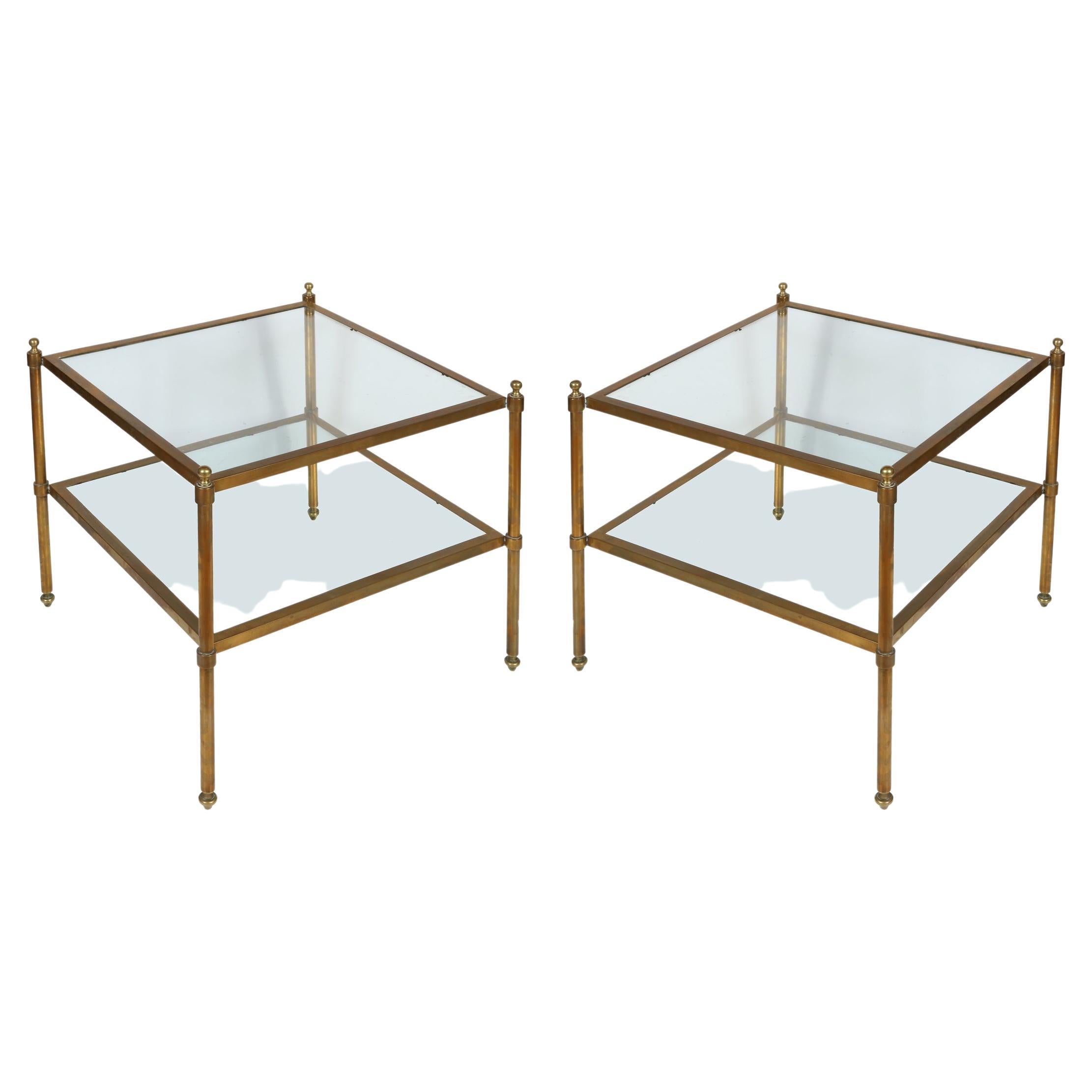Pair of Mid Century Two Tier Brass and Glass Square Side Tables