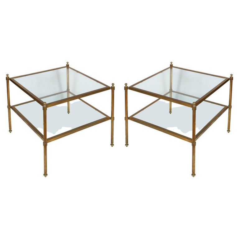 Pair of Mid Century Two Tier Brass and Glass Square Side Tables For