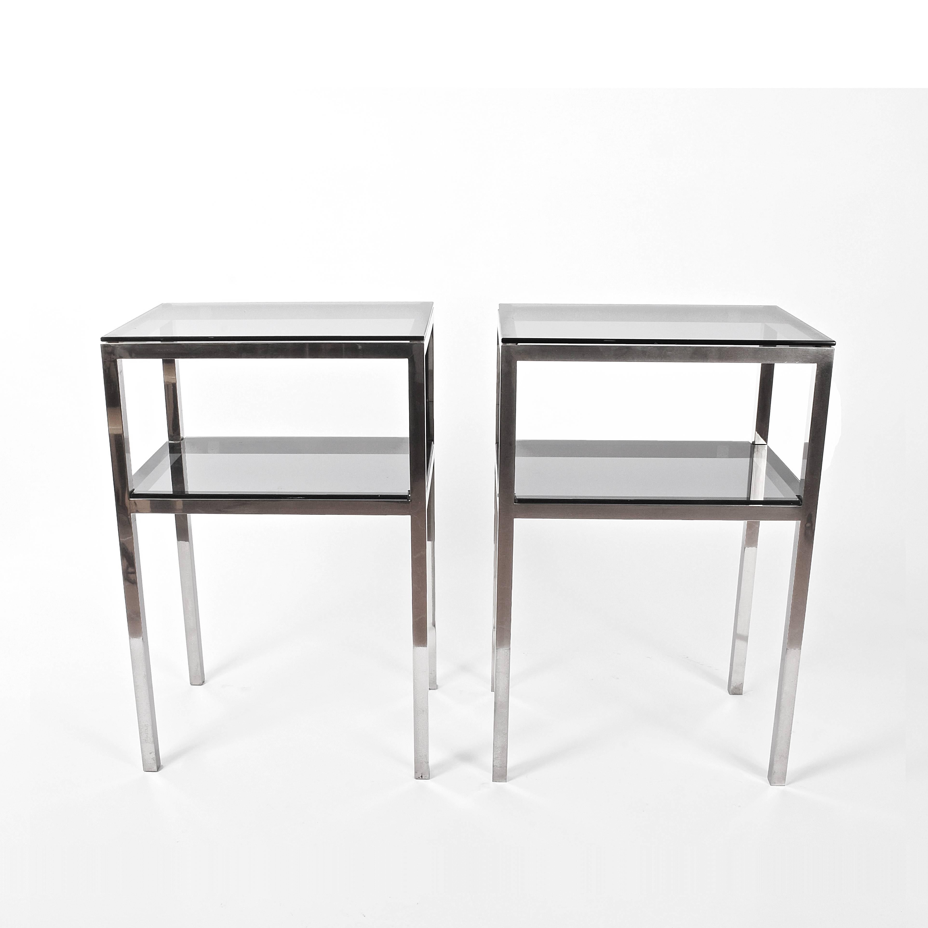 Pair of midcentury two-level accent tables attributed to Romeo Rega
Chrome and smoked glass.