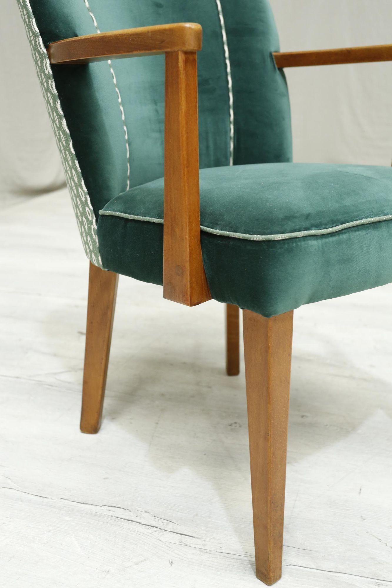 20th Century Pair of Mid Century Upholstered Desk Chairs, Green Velvet