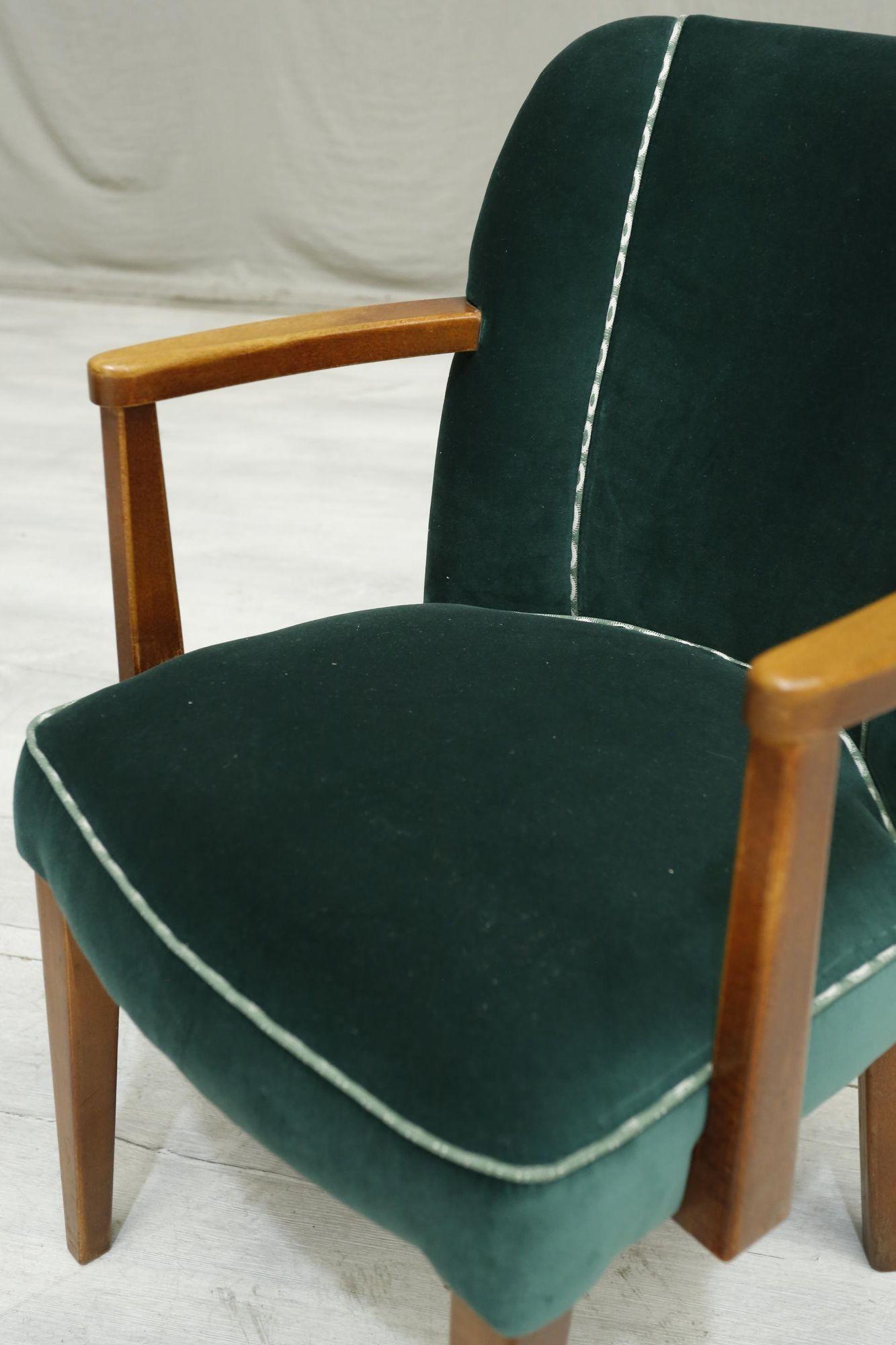 Beech Pair of Mid Century Upholstered Desk Chairs, Green Velvet