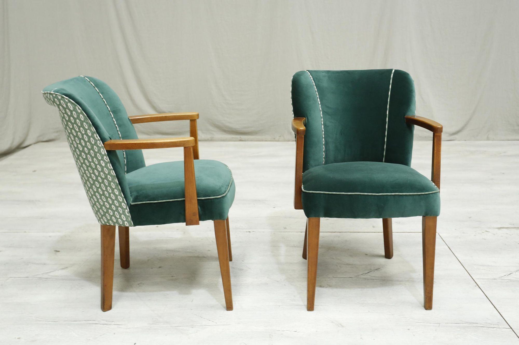 Pair of Mid Century Upholstered Desk Chairs, Green Velvet 1