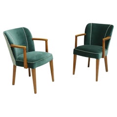 Pair of Mid Century Upholstered Desk Chairs, Green Velvet