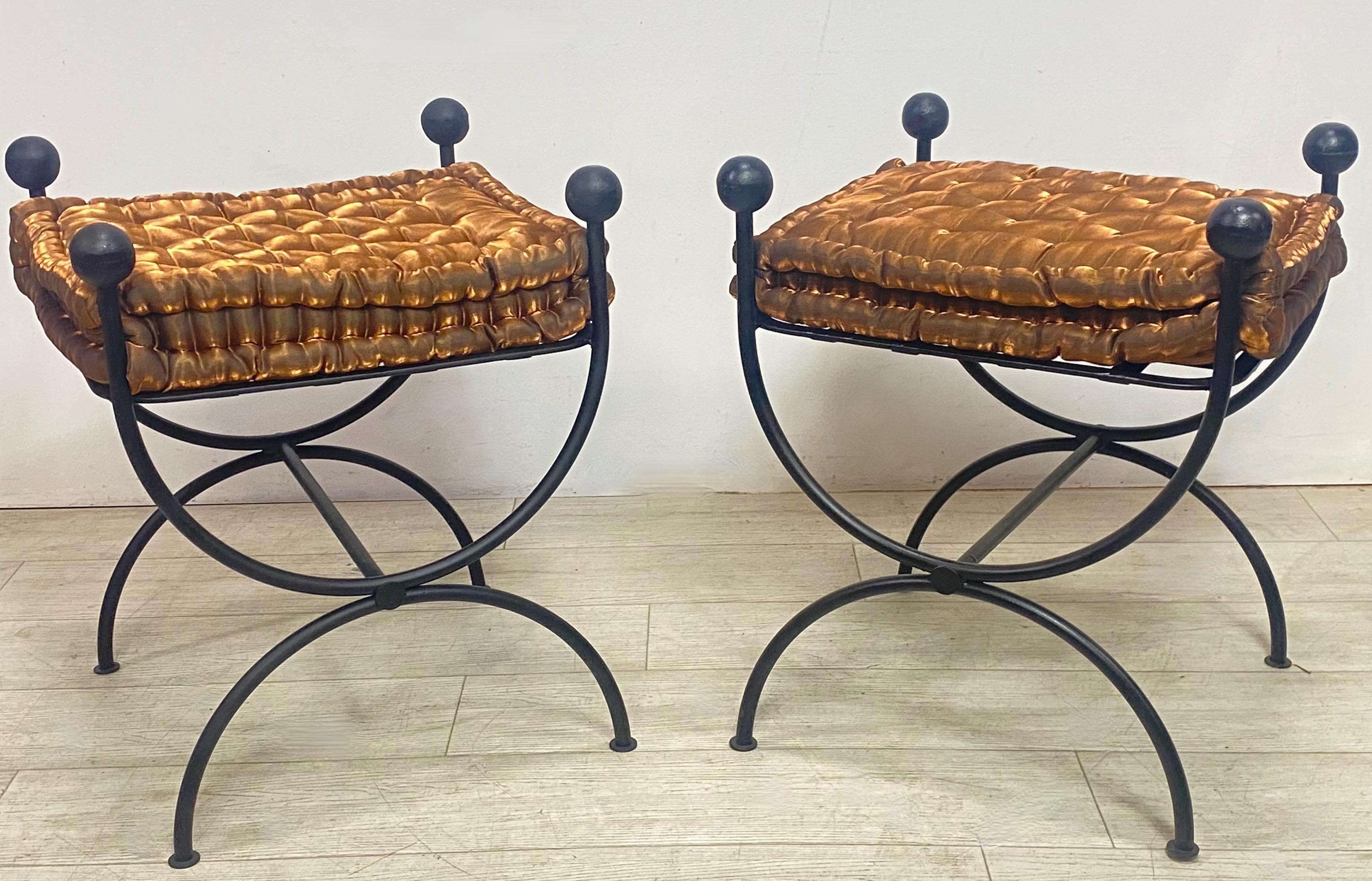 Mid-Century Modern Pair of Mid-Century Upholstered Iron Stools or Benches