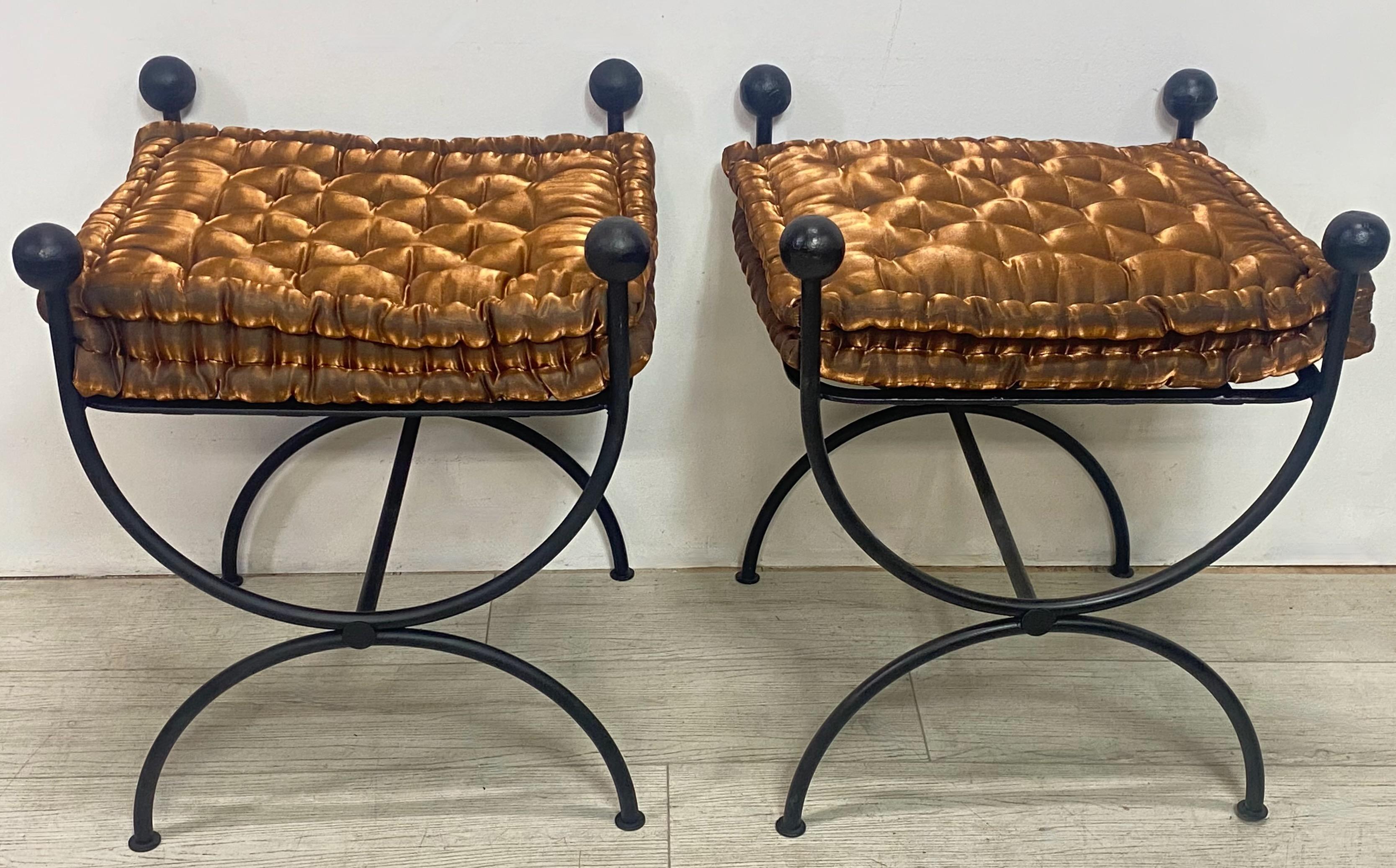 Pair of Mid-Century Upholstered Iron Stools or Benches In Good Condition In San Francisco, CA