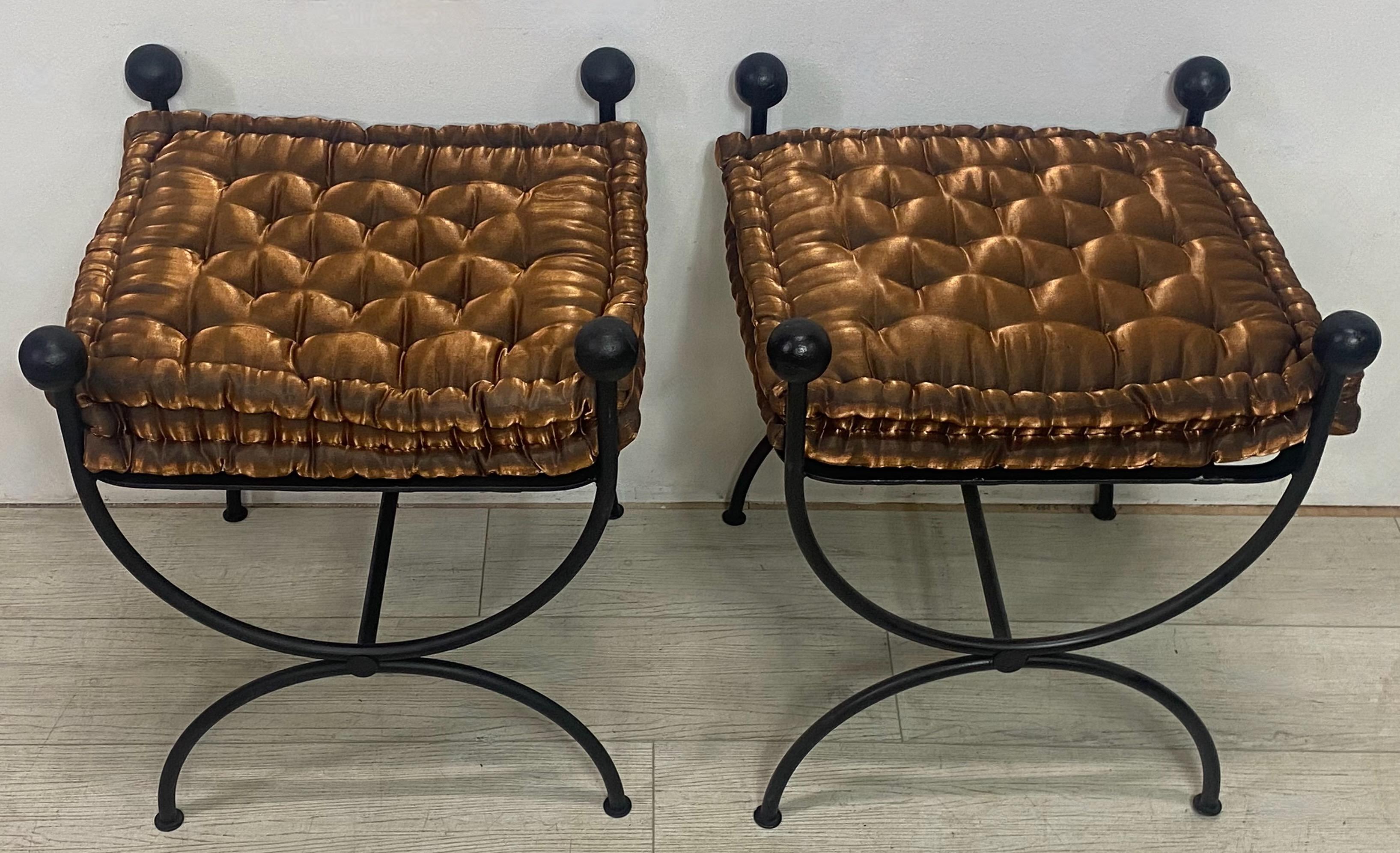 20th Century Pair of Mid-Century Upholstered Iron Stools or Benches