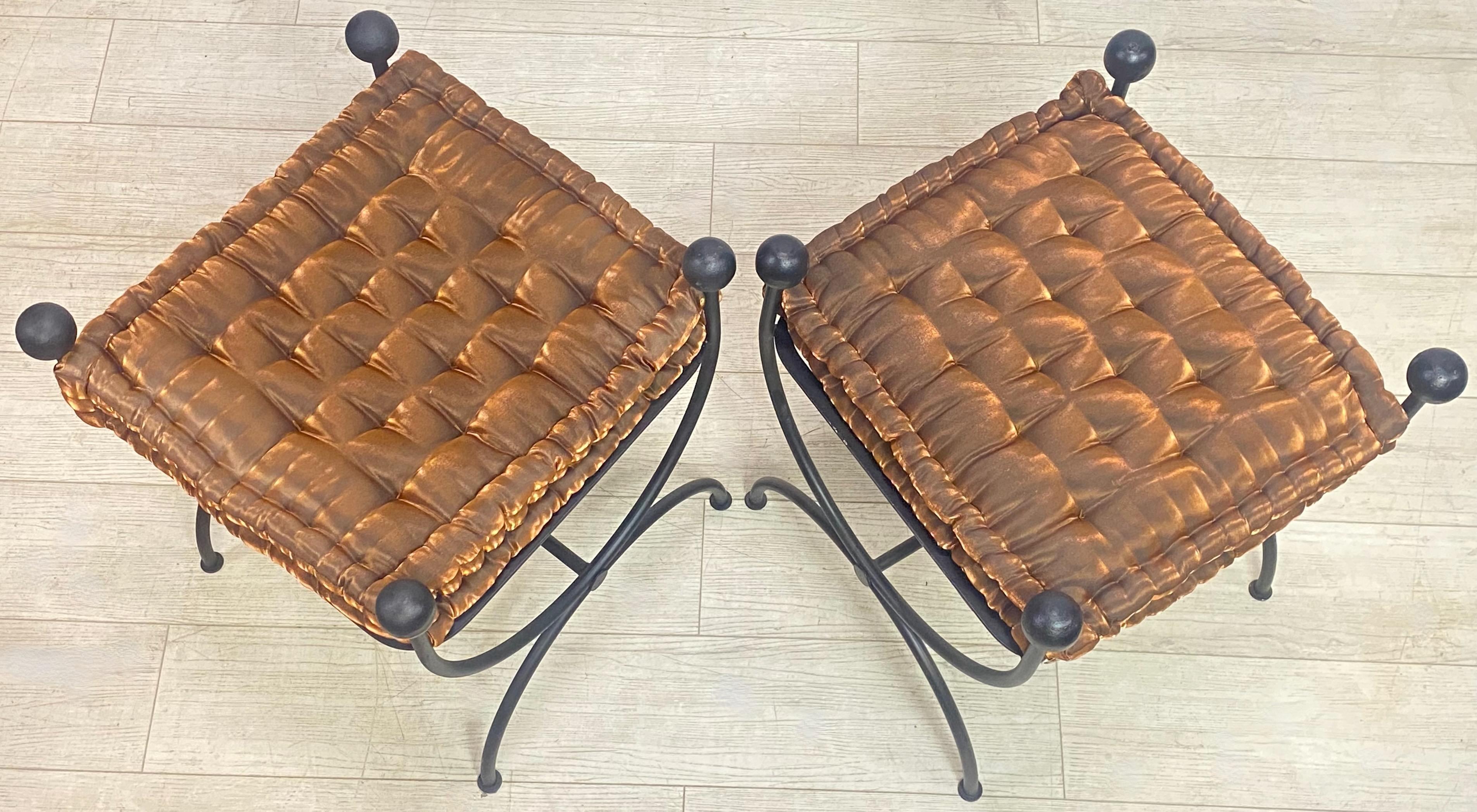 Pair of Mid-Century Upholstered Iron Stools or Benches 1