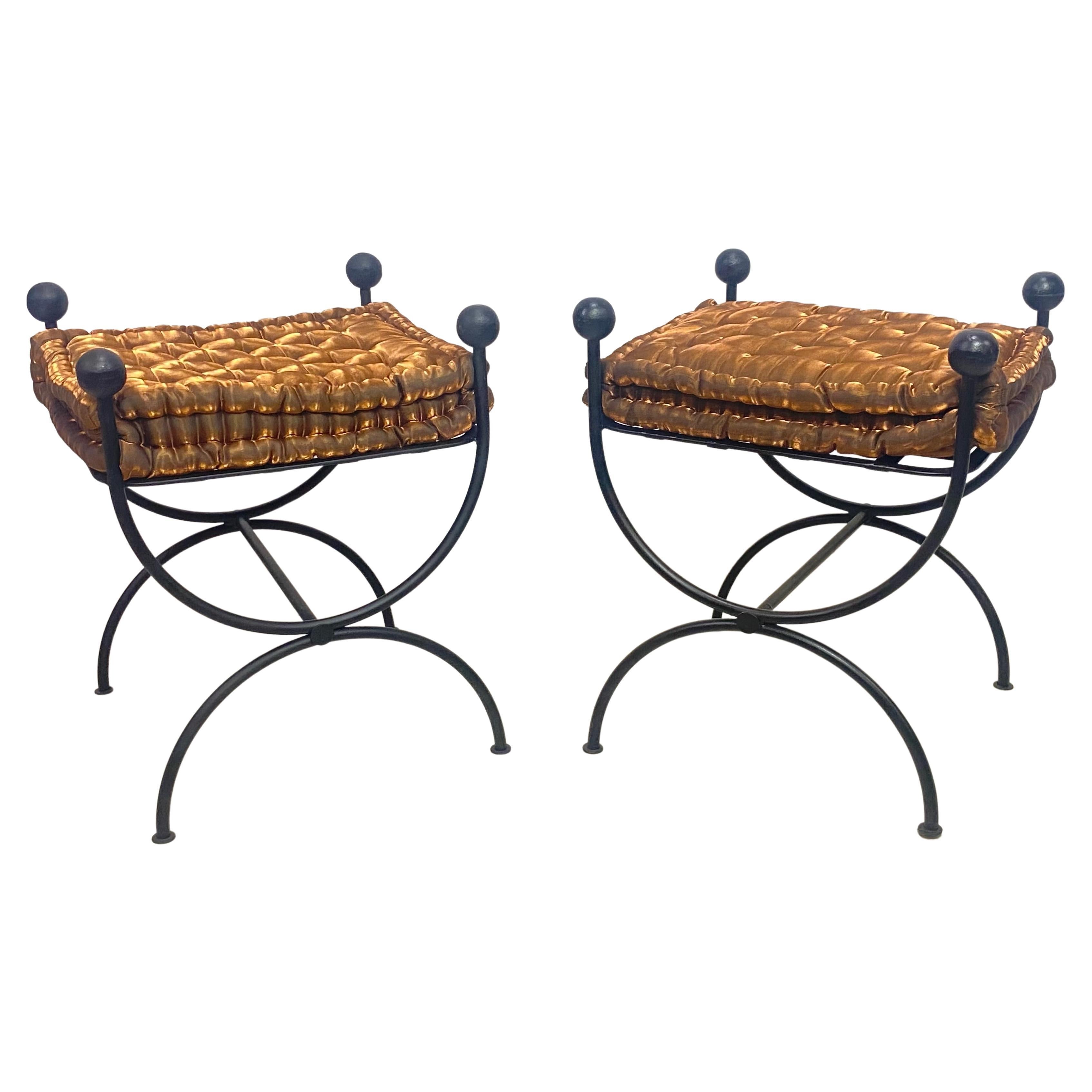 Pair of Mid-Century Upholstered Iron Stools or Benches