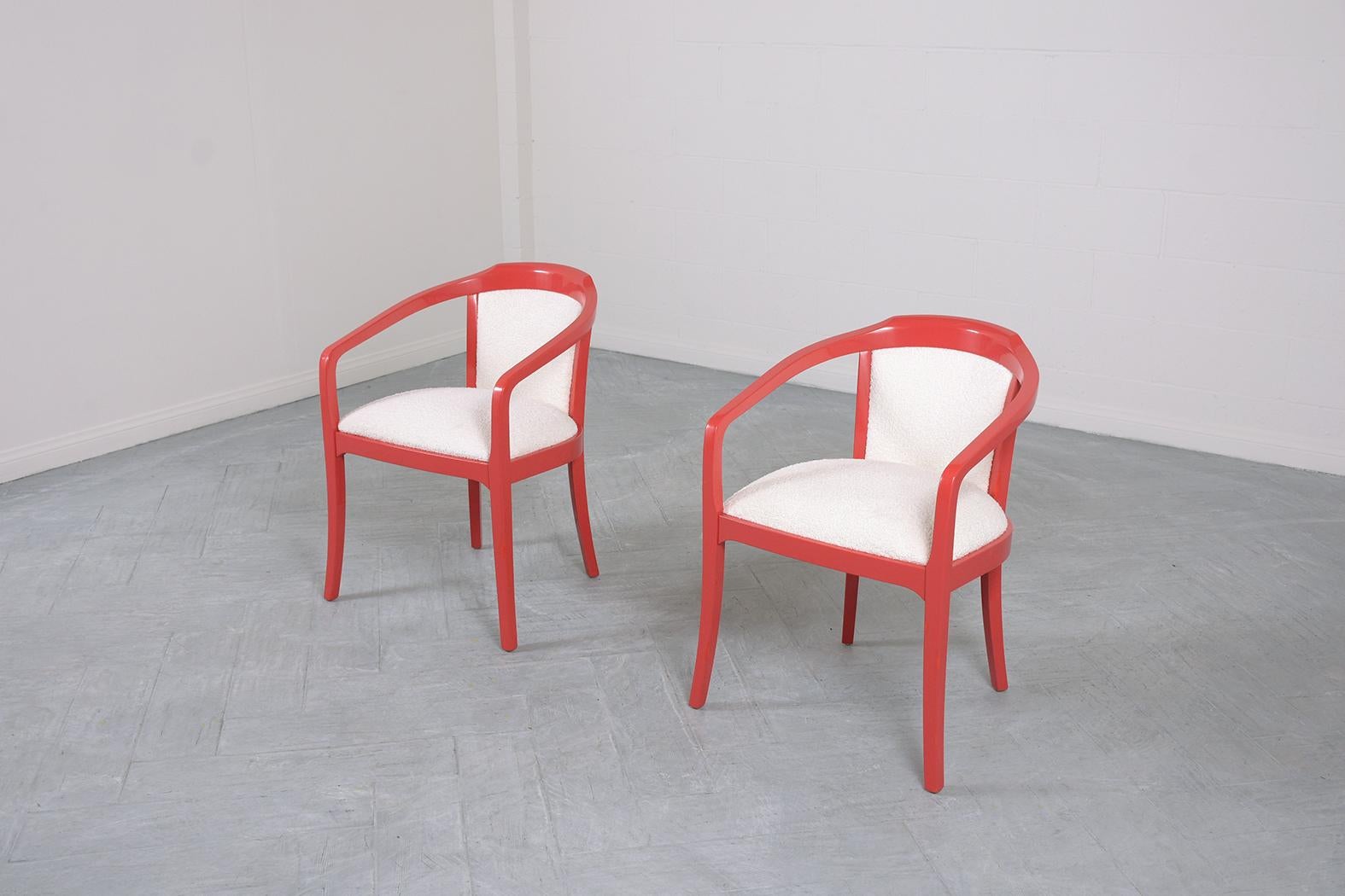 American 1970s Mid-Century Modern Red Lacquered Armchairs with White Boucle Cushions For Sale