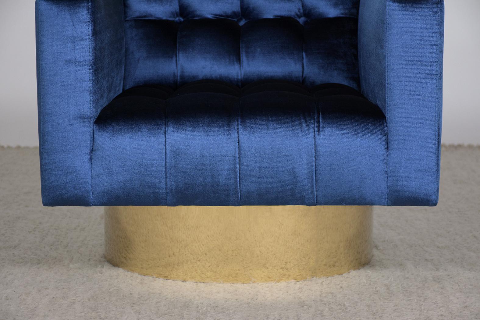 1960s Blue Velvet Mid-Century Modern Swivel Lounge Chairs with Brass Bases For Sale 4