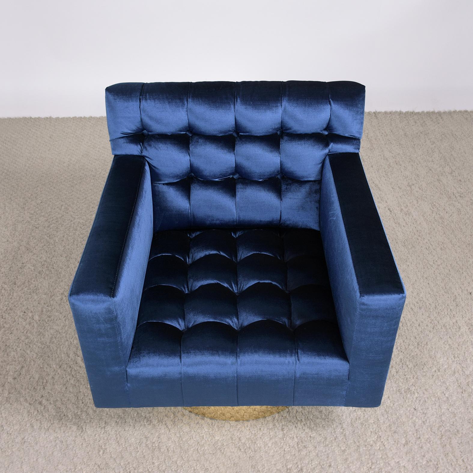 1960s Blue Velvet Mid-Century Modern Swivel Lounge Chairs with Brass Bases For Sale 1