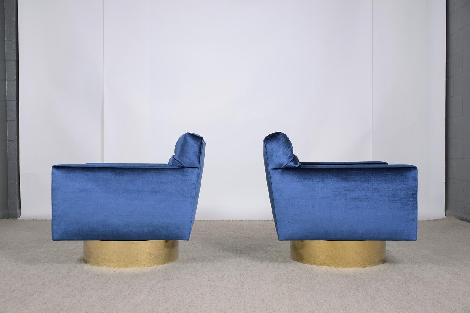 1960s Blue Velvet Mid-Century Modern Swivel Lounge Chairs with Brass Bases For Sale 5
