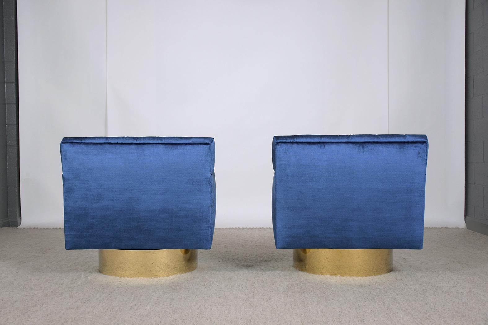 1960s Blue Velvet Mid-Century Modern Swivel Lounge Chairs with Brass Bases For Sale 6
