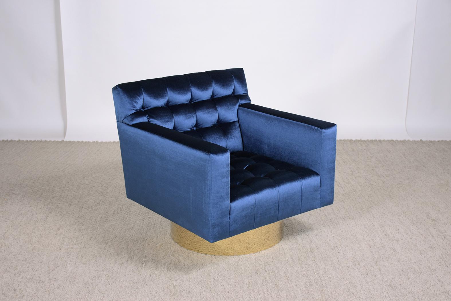 1960s Blue Velvet Mid-Century Modern Swivel Lounge Chairs with Brass Bases In Good Condition For Sale In Los Angeles, CA