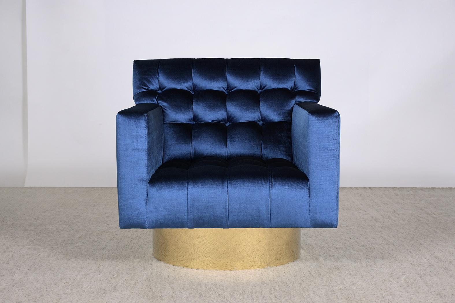 1960s Blue Velvet Mid-Century Modern Swivel Lounge Chairs with Brass Bases For Sale 2