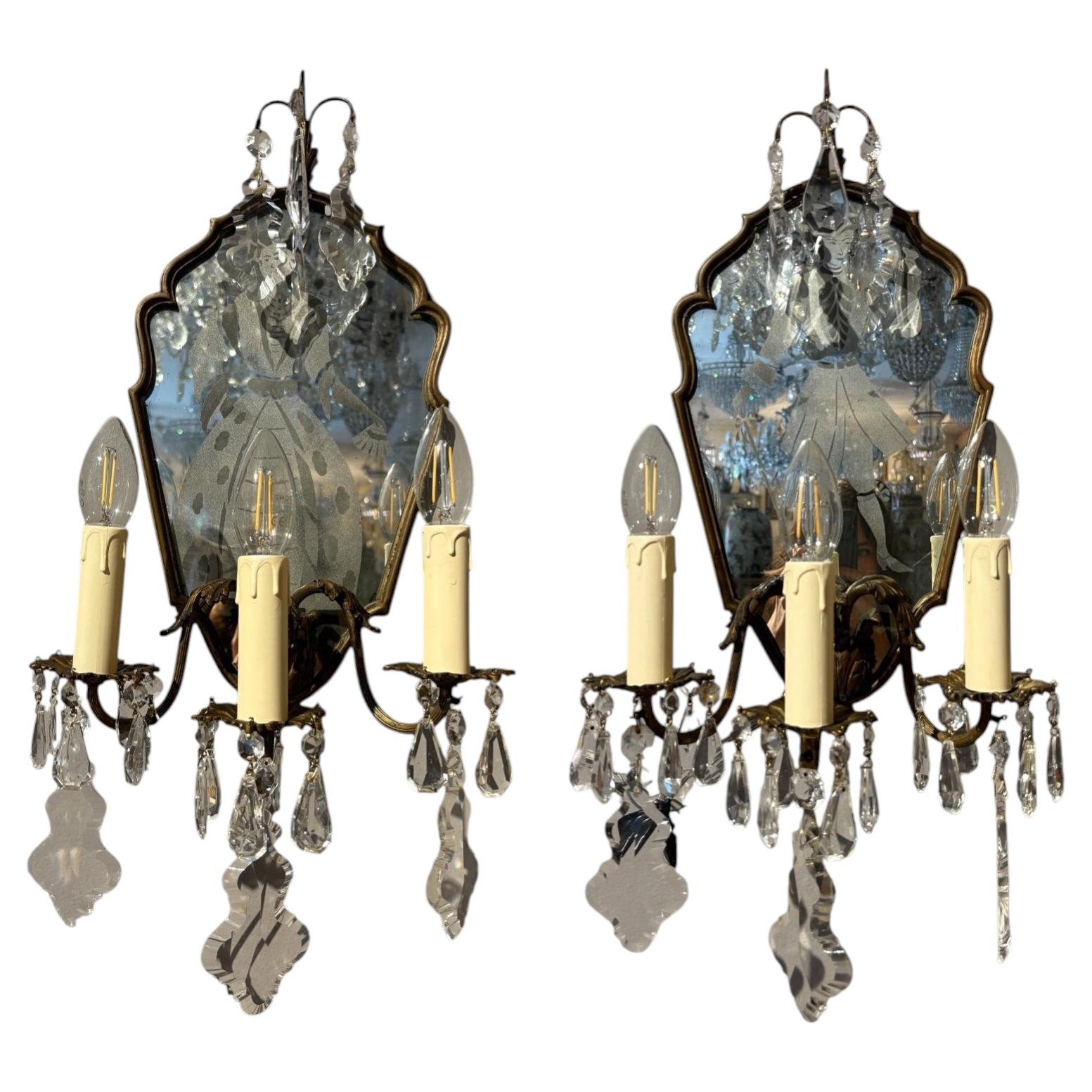 Pair of Mid-Century Venetian Mirrored Crystal Wall Sconces For Sale