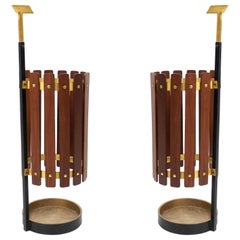 Pair of Midcentury Vertical Slatted Teak Wood Umbrella Stands