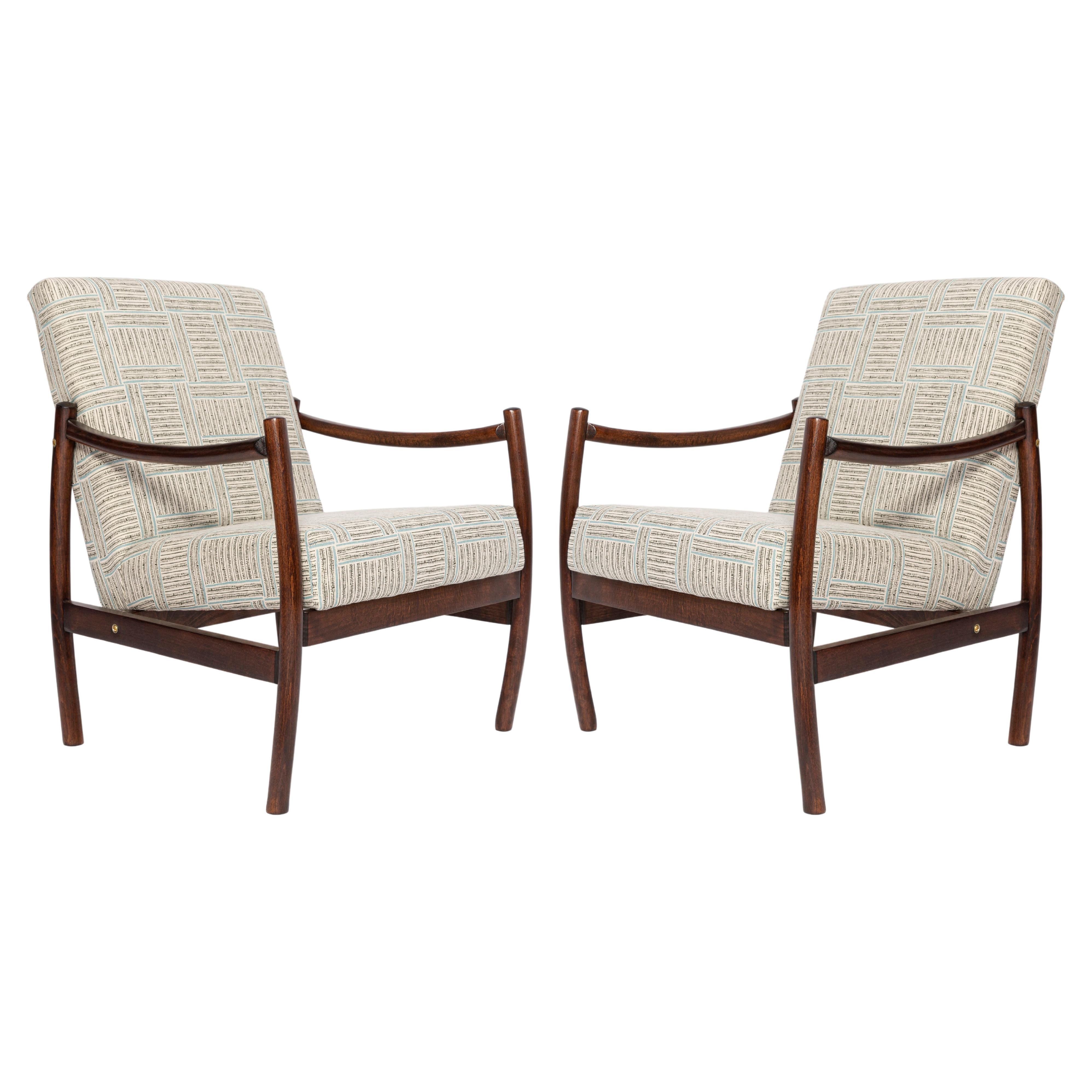 Pair of Mid Century Vintage Armchairs, Beige and Blue Linen, Europe, 1960s For Sale
