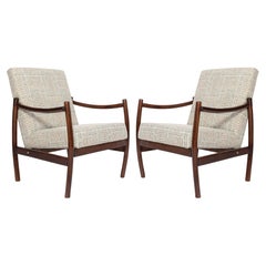 Pair of Mid Century Vintage Armchairs, Beige and Blue Linen, Europe, 1960s
