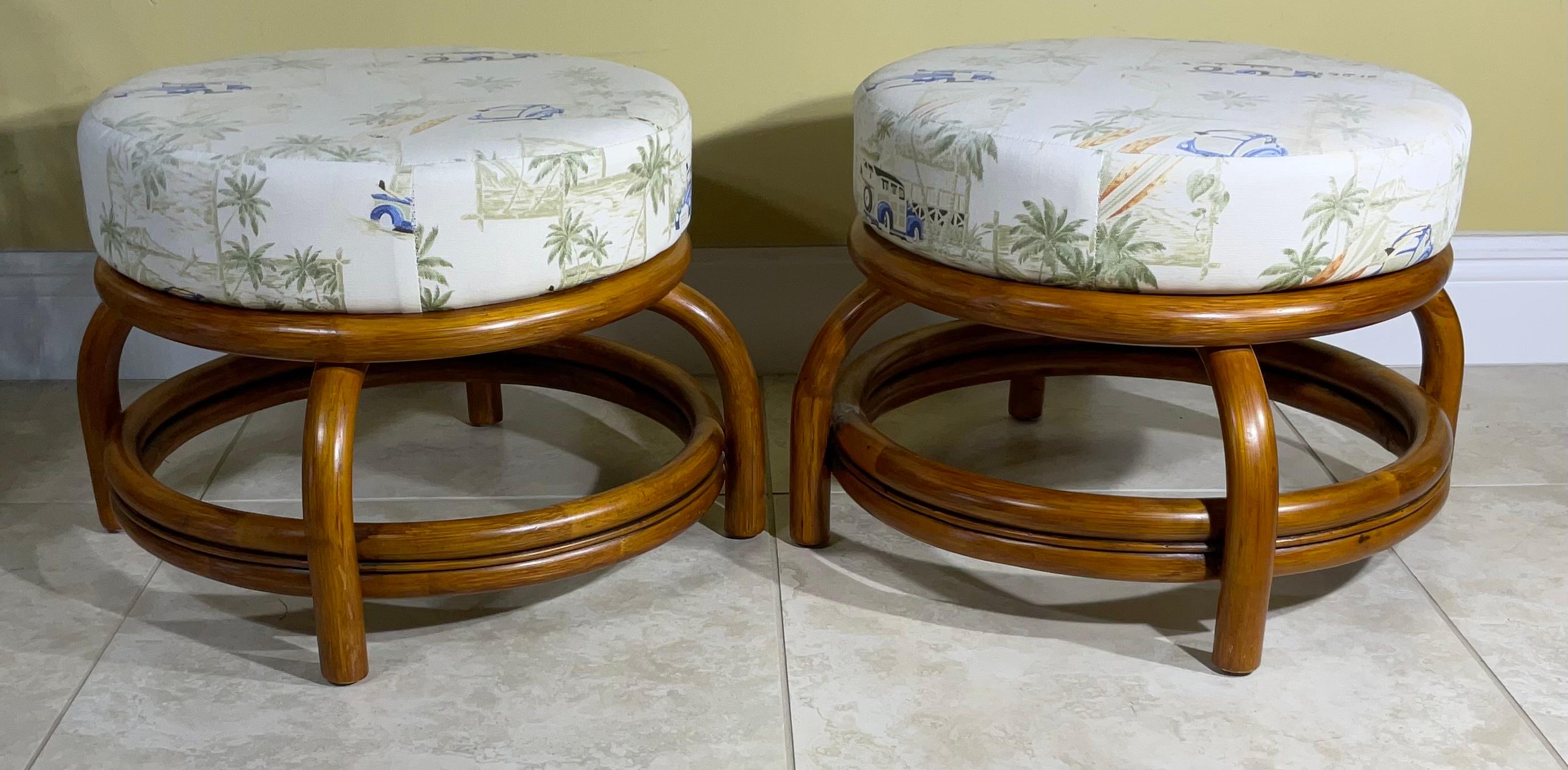 Pair of beautiful original vintage bamboo stools. Made by Leader’s Casual Furniture, very comfortable and strong to sit on. Original, faded upholstery print Both identical and in the same good vintage condition.
Sold as set only.