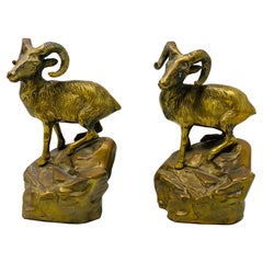 Pair of Mid-Century Vintage Brass Ram Figure Bookends