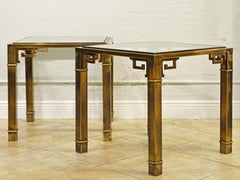 Pair of Mid Century Vintage Mastercraft Greek Key Brass and Glass Top End Tables