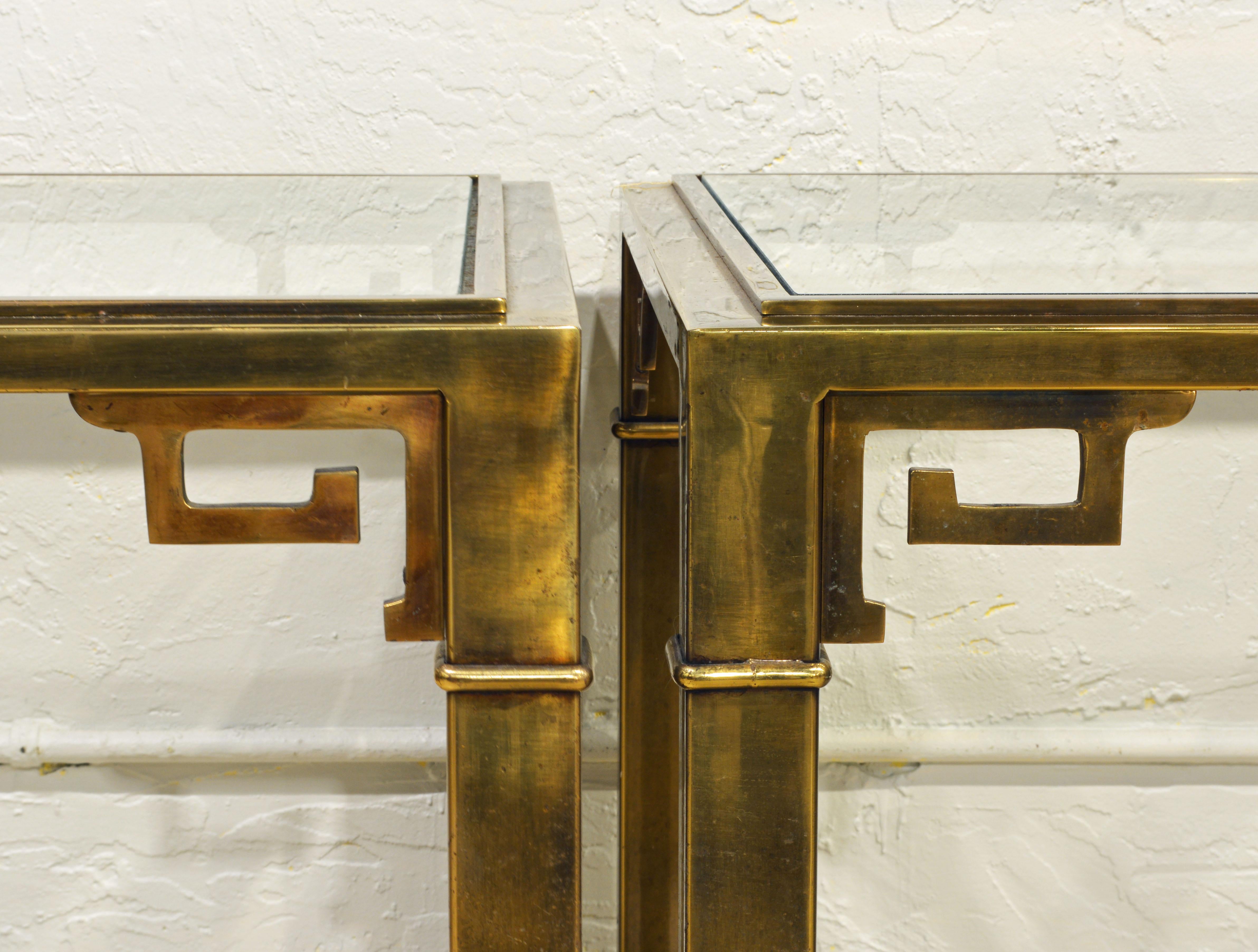 Pair of Mid Century Vintage Mastercraft Greek Key Brass and Glass Top End Tables In Good Condition In Ft. Lauderdale, FL