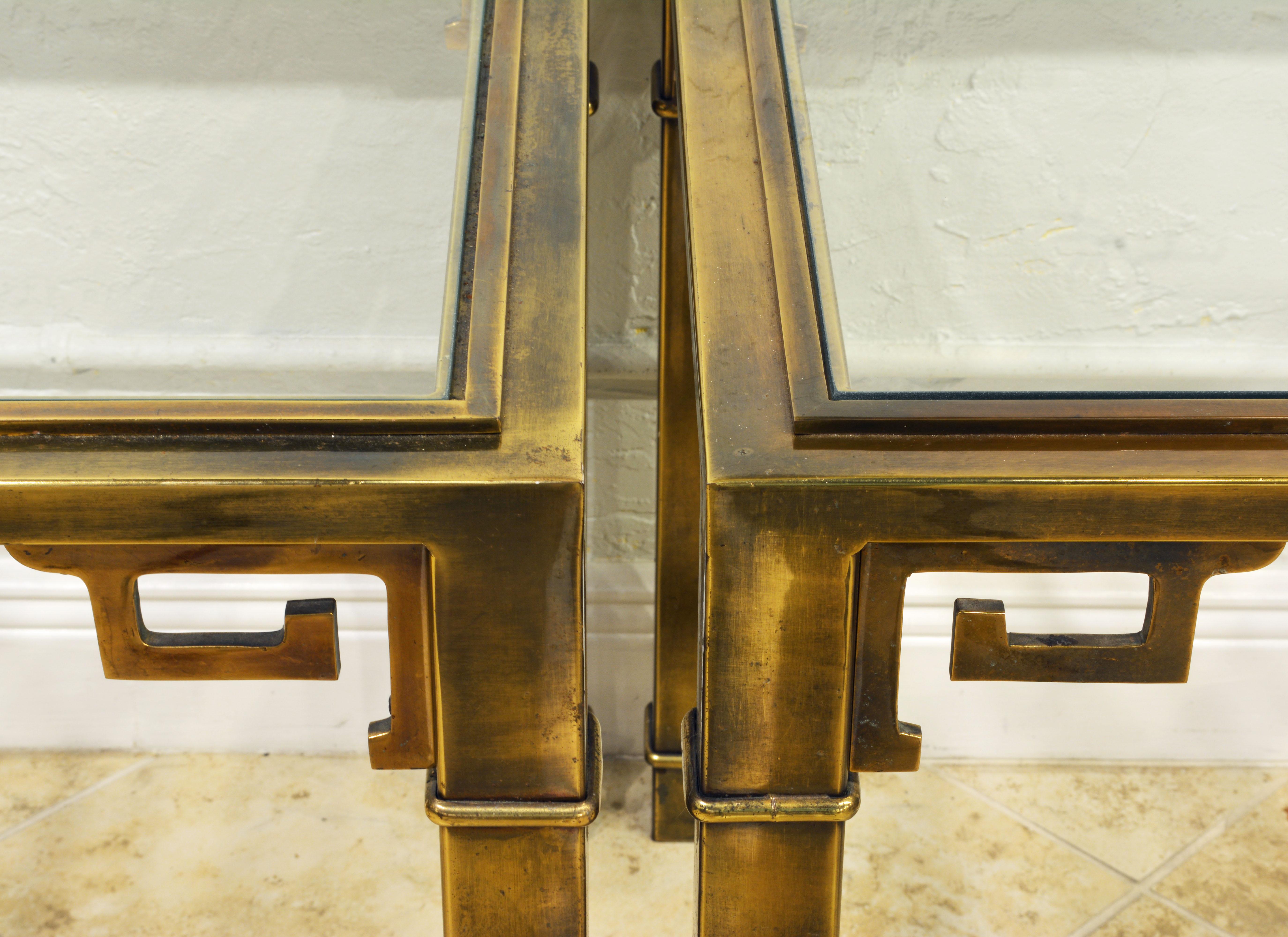20th Century Pair of Mid Century Vintage Mastercraft Greek Key Brass and Glass Top End Tables