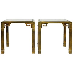 Pair of Mid Century Vintage Mastercraft Greek Key Brass and Glass Top End Tables