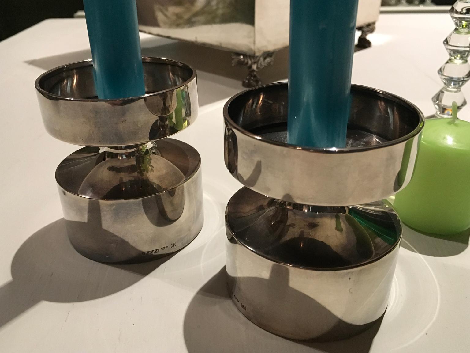 Hand-Carved 1960 Italy Mid-Century Scandinavian Pair Sterling Silver Candleholders For Sale