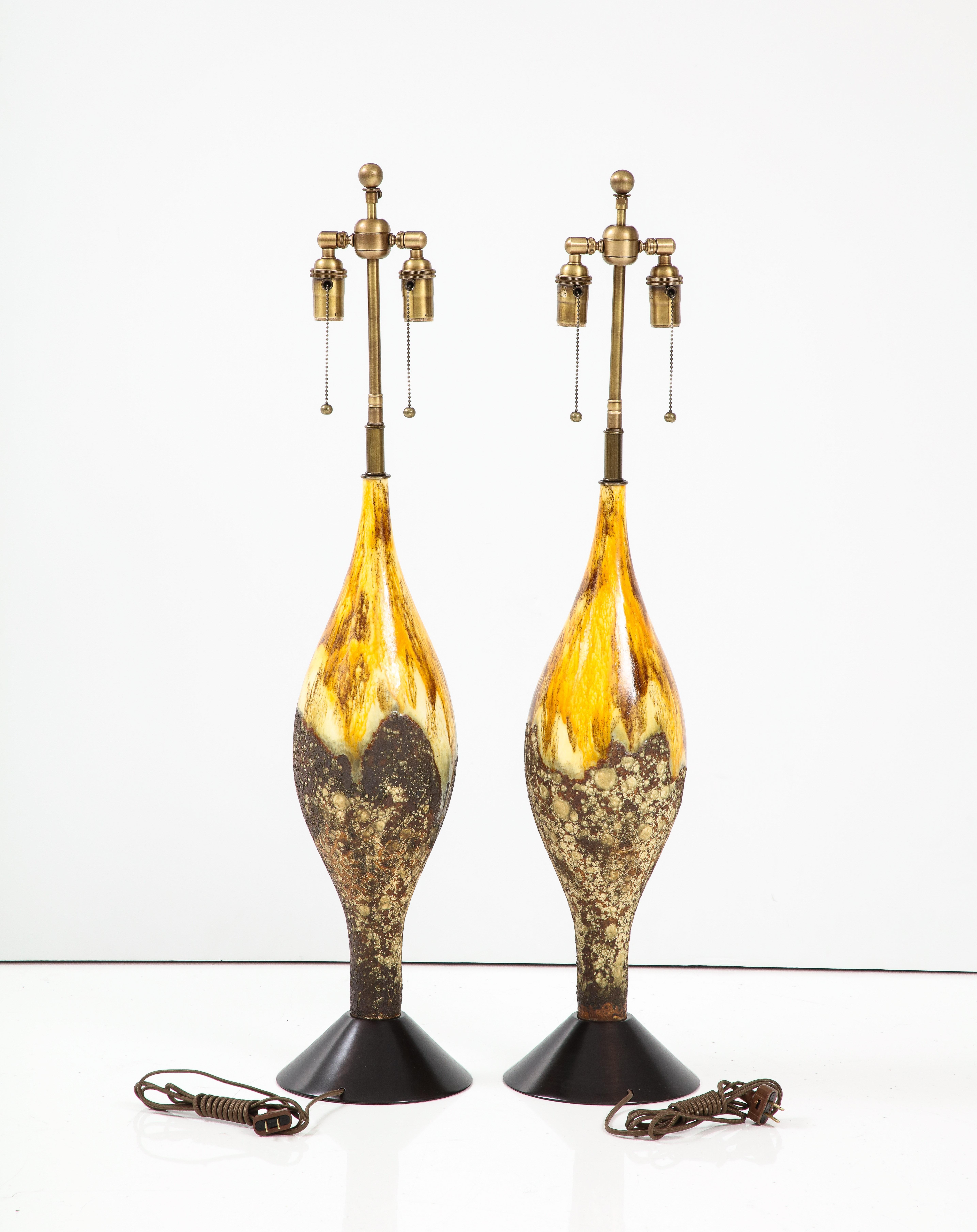 Pair of Mid Century Volcanic Glazed Ceramic Lamps For Sale 3