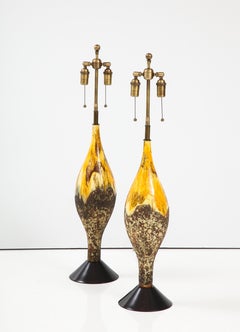 Pair of Mid Century Volcanic Glazed Ceramic Lamps