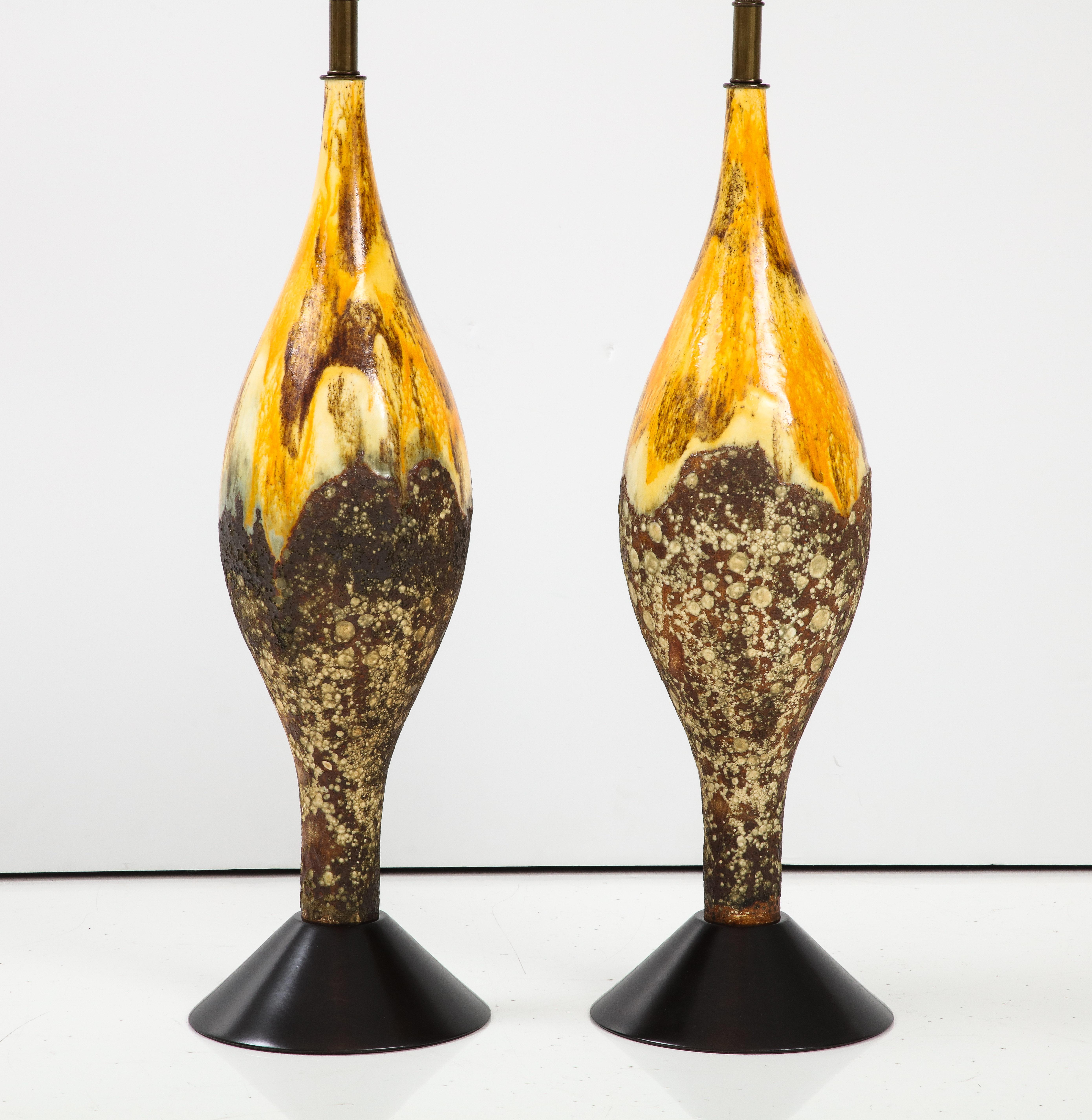 American Pair of Mid Century Volcanic Glazed Ceramic Lamps For Sale