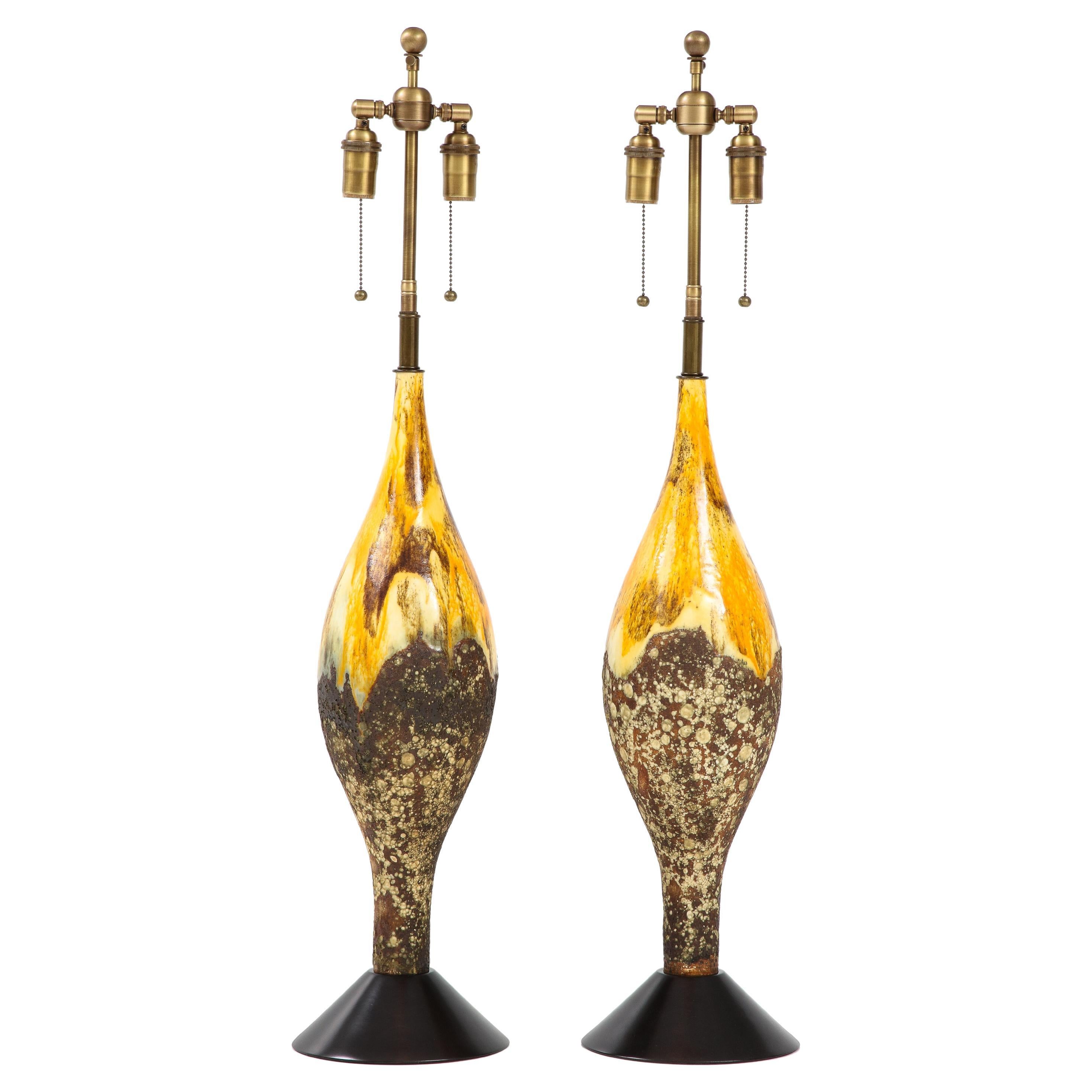 Pair of Mid Century Volcanic Glazed Ceramic Lamps For Sale