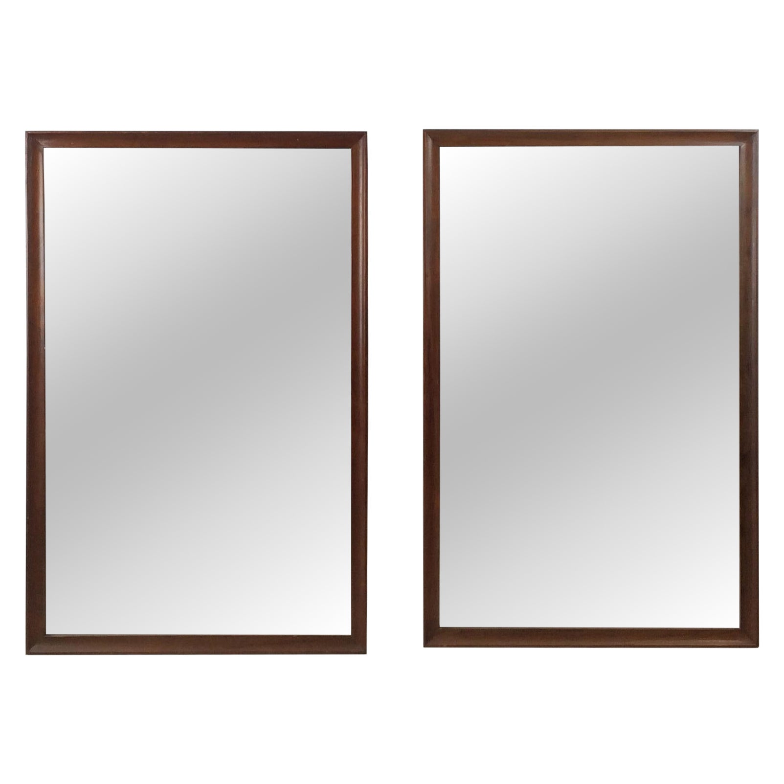 Pair of Mid Century Wall Mirrors with Angular Walnut Frame