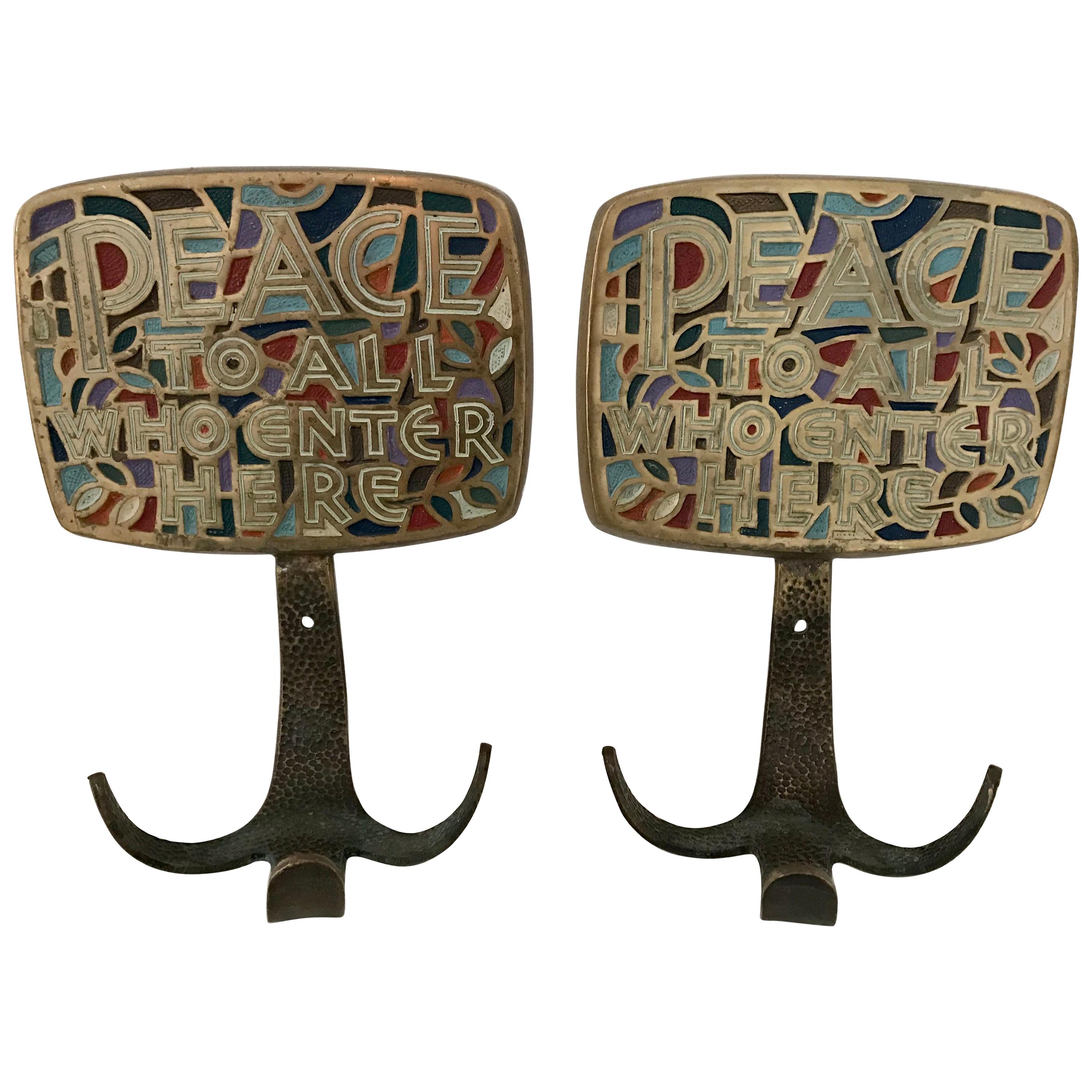 Pair of Mid Century Wall Mount Coat or Hat Racks "Peace to All Who Enter Here"