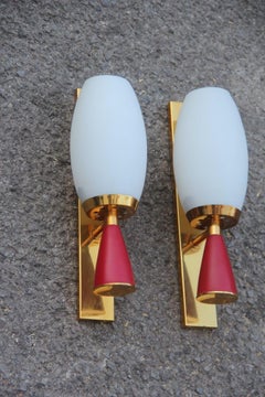 Pair of Midcentury Wall Sconces Red Gold White Stilnovo Style Italian Design