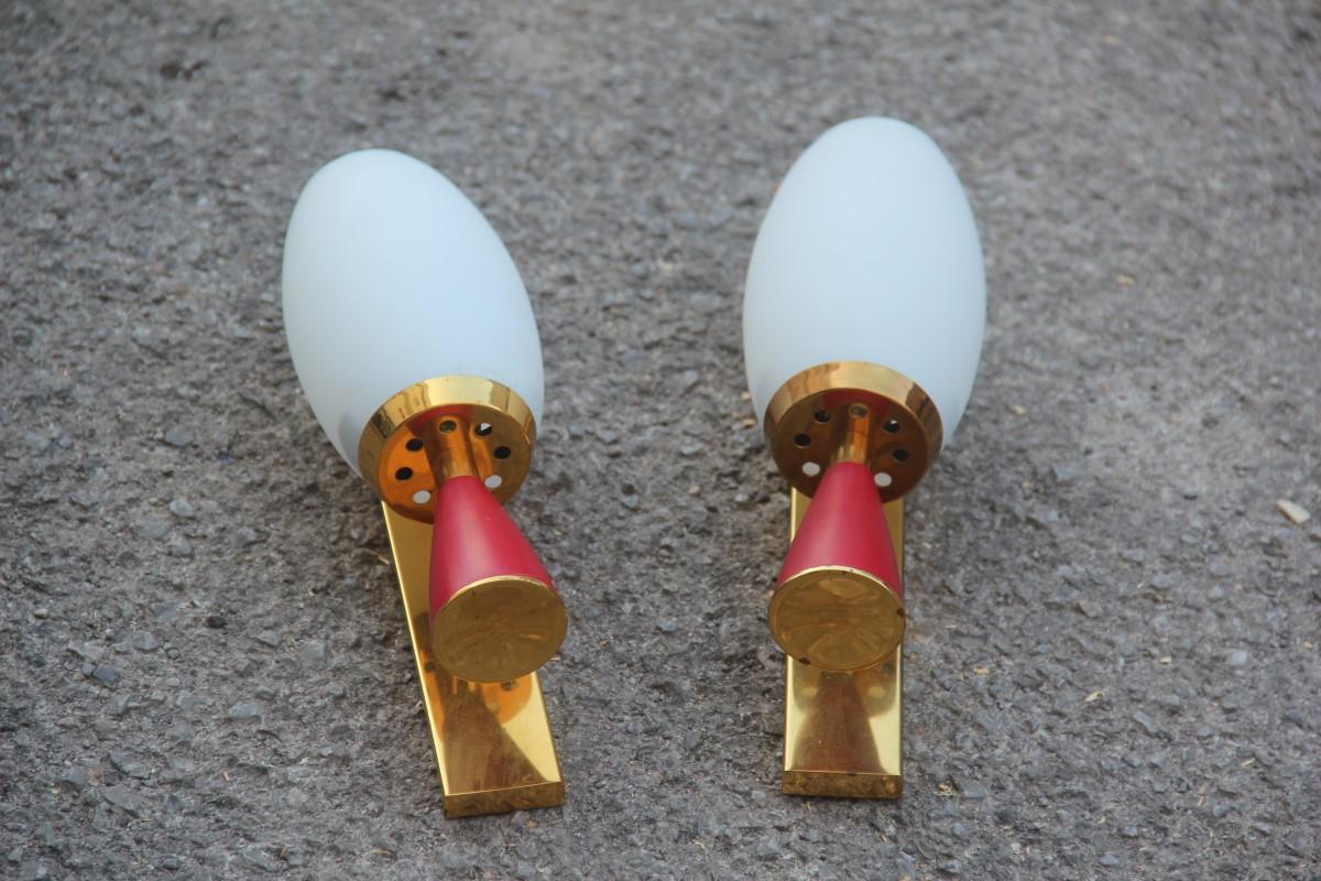 Pair of Midcentury Wall Sconces Red Gold White Stilnovo Style Italian Design In Good Condition In Palermo, Sicily