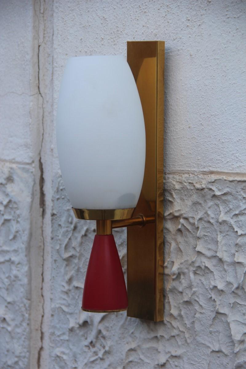 Brass Pair of Midcentury Wall Sconces Red Gold White Stilnovo Style Italian Design