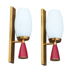 vintage mid century wall sconces Pair of Midcentury Wall Sconces Red Gold White Stilnovo Style Italian Design