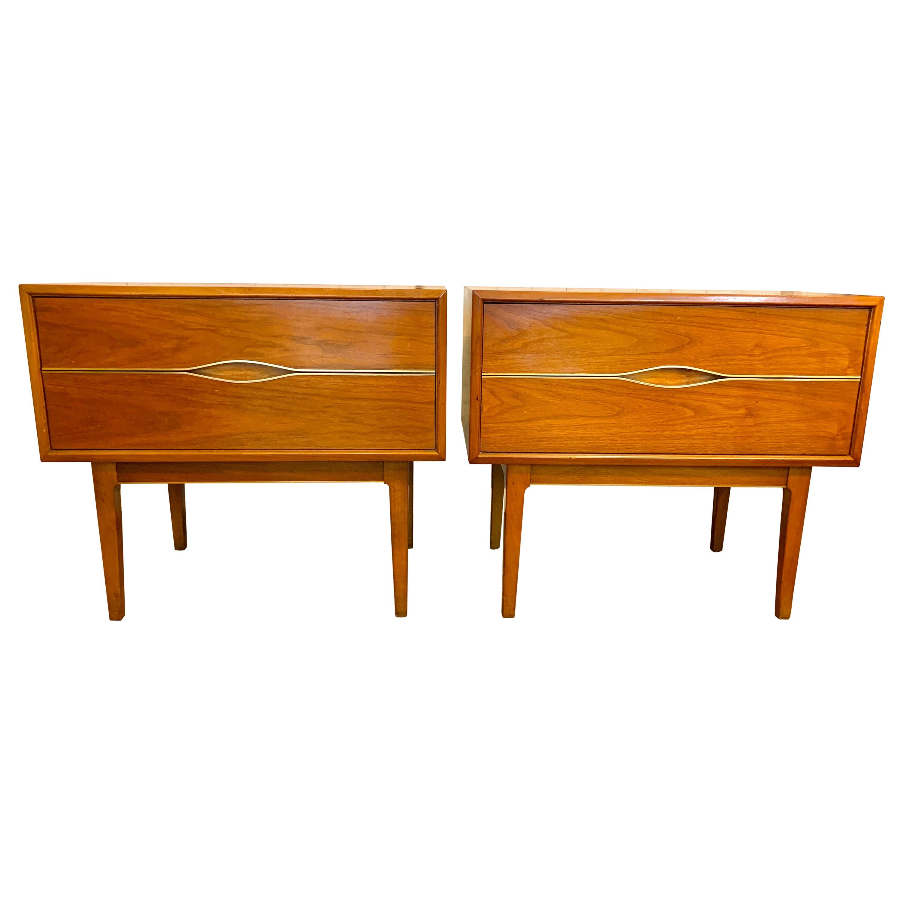 Pair of Midcentury Walnut and Brass Nightstands End Tables