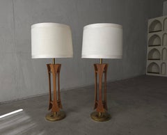 Pair of Mid Century Walnut and Brass Table Lamps
