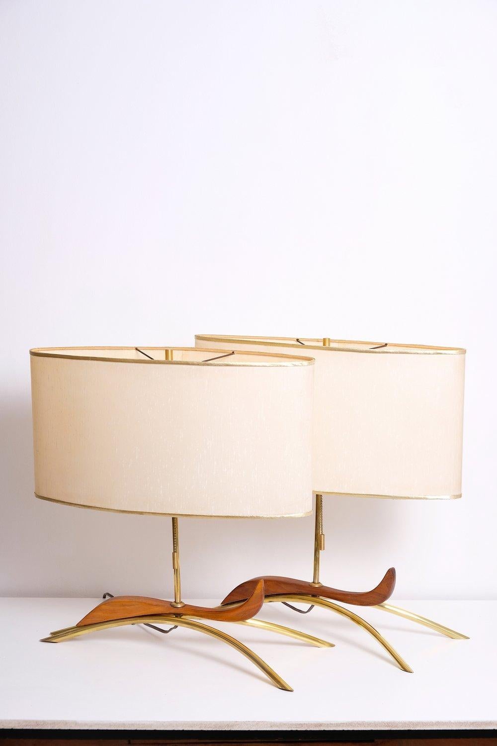 American Pair of Mid Century Walnut and Brass Table Lamps